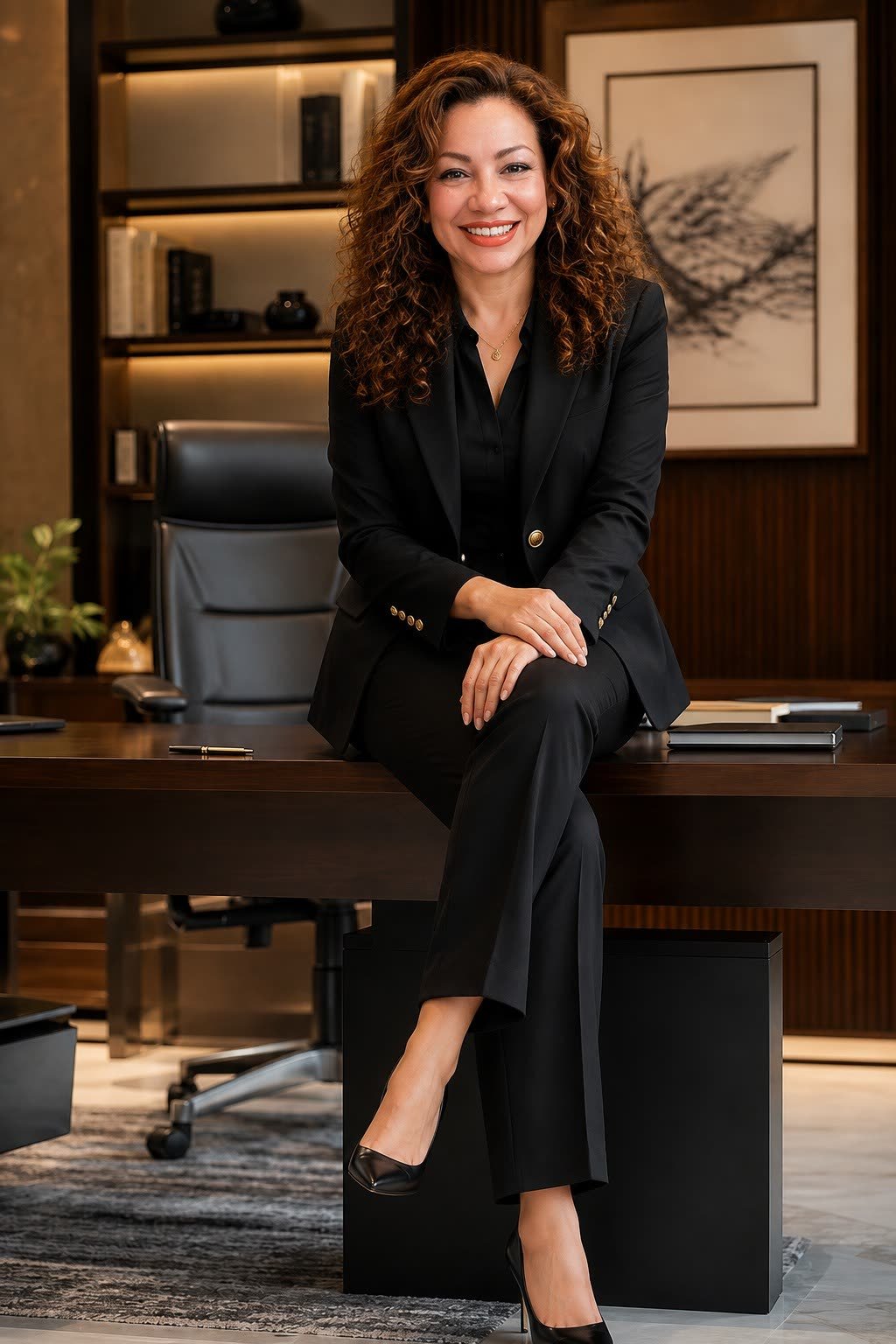 Adriana sonriendo, sentada en su escritorio de oficina