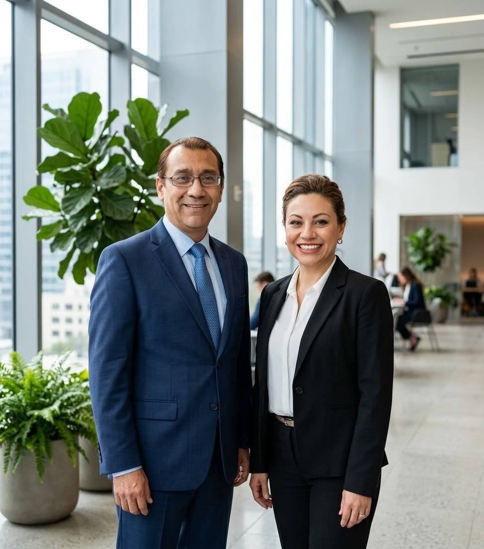 Adriana y Alfredo en las oficinas de Nexus Global Group